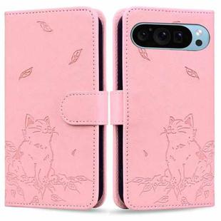 For Google Pixel 9 / 9 Pro Cute Cat Embossed Leather Phone Case(Pink)