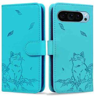 For Google Pixel 9 / 9 Pro Cute Cat Embossed Leather Phone Case(Lake Blue)