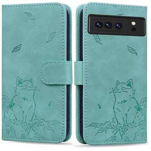 For Google Pixel 8 Pro Cute Cat Embossed Leather Phone Case(Green)