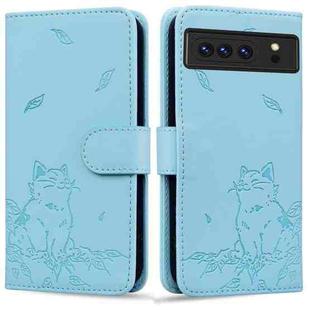 For Google Pixel 8 Pro Cute Cat Embossed Leather Phone Case(Sky Blue)