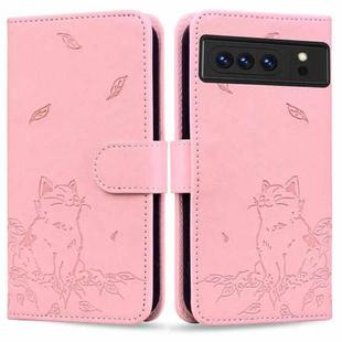 For Google Pixel 8 Pro Cute Cat Embossed Leather Phone Case(Pink)