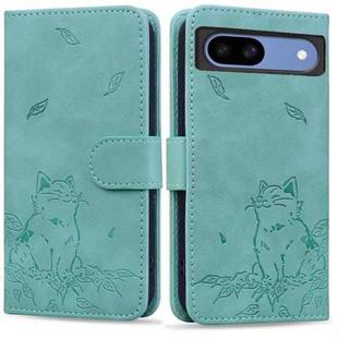 For Google Pixel 8a Cute Cat Embossed Leather Phone Case(Green)