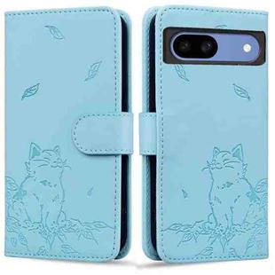 For Google Pixel 8a Cute Cat Embossed Leather Phone Case(Sky Blue)