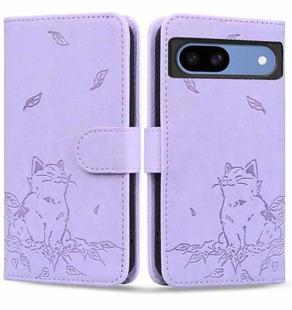 For Google Pixel 8a Cute Cat Embossed Leather Phone Case(Purple)