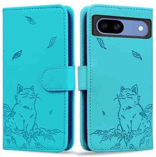 For Google Pixel 8a Cute Cat Embossed Leather Phone Case(Lake Blue)