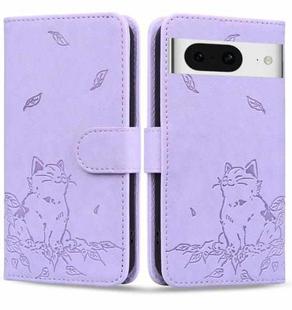 For Google Pixel 8 Cute Cat Embossed Leather Phone Case(Purple)