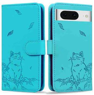 For Google Pixel 8 Cute Cat Embossed Leather Phone Case(Lake Blue)