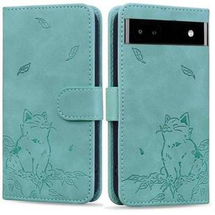 For Google Pixel 7a Cute Cat Embossed Leather Phone Case(Green)