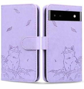 For Google Pixel 7a Cute Cat Embossed Leather Phone Case(Purple)