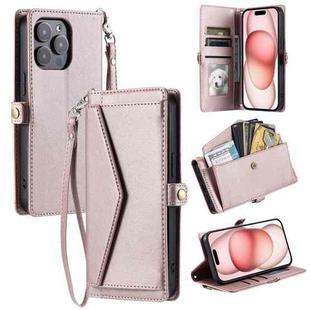 For iPhone 16 Pro Max Wallet Multi-card Slot Leather Phone Case with Lanyard(Rose Gold)