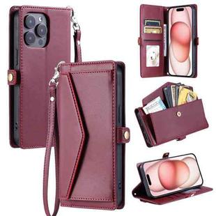 For iPhone 16 Pro Max Wallet Multi-card Slot Leather Phone Case with Lanyard(Wine Red)