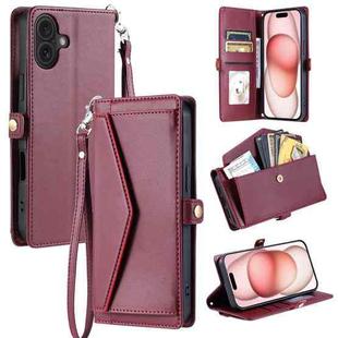 For iPhone 16 Plus Wallet Multi-card Slot Leather Phone Case with Lanyard(Wine Red)