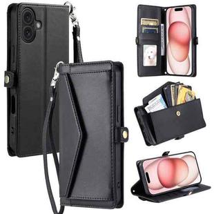 For iPhone 16 Plus Wallet Multi-card Slot Leather Phone Case with Lanyard(Black)