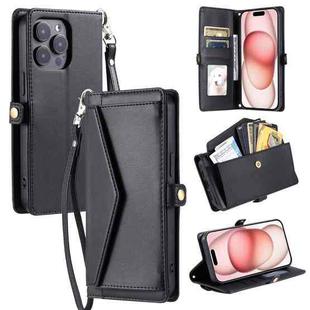 For iPhone 15 Pro Max Wallet Multi-card Slot Leather Phone Case with Lanyard(Black)