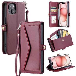 For iPhone 14 Wallet Multi-card Slot Leather Phone Case with Lanyard(Wine Red)