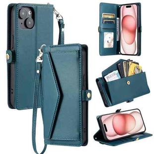 For iPhone 14 Wallet Multi-card Slot Leather Phone Case with Lanyard(Green)