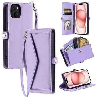 For iPhone 14 Wallet Multi-card Slot Leather Phone Case with Lanyard(Purple)