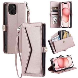 For iPhone 15 Plus Wallet Multi-card Slot Leather Phone Case with Lanyard(Rose Gold)