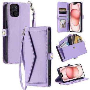 For iPhone 15 Plus Wallet Multi-card Slot Leather Phone Case with Lanyard(Purple)