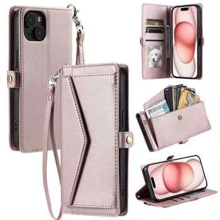 For iPhone 14 Plus Wallet Multi-card Slot Leather Phone Case with Lanyard(Rose Gold)