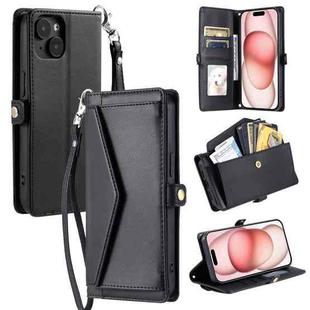 For iPhone 13 mini Wallet Multi-card Slot Leather Phone Case with Lanyard(Black)