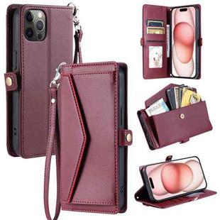 For iPhone 12 Pro Max Wallet Multi-card Slot Leather Phone Case with Lanyard(Wine Red)