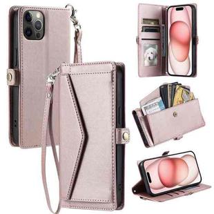 For iPhone 12 Pro Wallet Multi-card Slot Leather Phone Case with Lanyard(Rose Gold)