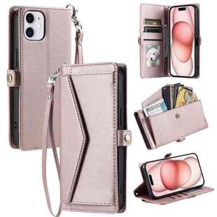 For iPhone 11 Wallet Multi-card Slot Leather Phone Case with Lanyard(Rose Gold)