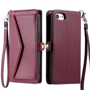 For iPhone SE 2022 / SE 2020 / 7 / 8 Wallet Multi-card Slot Leather Phone Case with Lanyard(Wine Red)