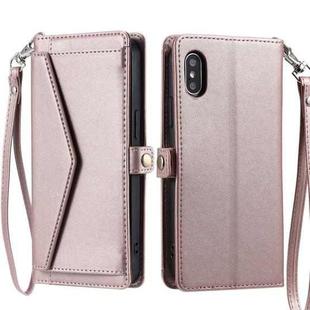 For iPhone XS Max Wallet Multi-card Slot Leather Phone Case with Lanyard(Rose Gold)