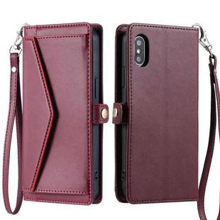 For iPhone XS Max Wallet Multi-card Slot Leather Phone Case with Lanyard(Wine Red)