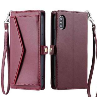 For iPhone XS / X Wallet Multi-card Slot Leather Phone Case with Lanyard(Wine Red)