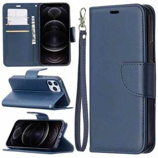 For iPhone 12 / 12 Pro Retro Lambskin Texture Pure Color Horizontal Flip PU Leather Case, with Holder & Card Slots & Wallet & Lanyard(Blue)