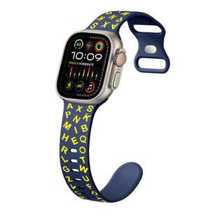 For Apple Watch Ultra 49mm English Letters Style Butterfly Buckle Silicone Watch Band(Midnight Blue Yellow)