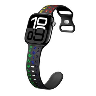 For Apple Watch Series 10 42mm English Letters Style Butterfly Buckle Silicone Watch Band(Black Colorful)