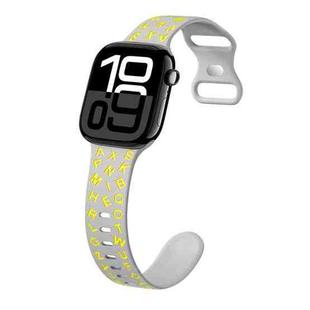 For Apple Watch Series 10 42mm English Letters Style Butterfly Buckle Silicone Watch Band(Grey Yellow)