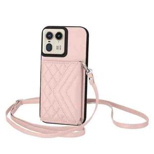 For Motorola Moto X50 Ultra Rhombic Texture Card Bag RFID Phone Case with Long Lanyard(Rose Gold)