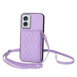 For Motorola Edge 50 Fusion Global Rhombic Texture Card Bag RFID Phone Case with Long Lanyard(Light Purple)