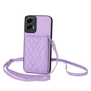 For Motorola Moto G 5G 2024 Rhombic Texture Card Bag RFID Phone Case with Long Lanyard(Light Purple)