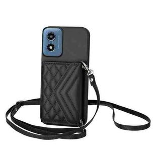 For Motorola Moto G Play 2024 5G Rhombic Texture Card Bag RFID Phone Case with Long Lanyard(Black)