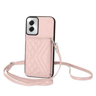 For Motorola Moto G Power 2024 5G Rhombic Texture Card Bag RFID Phone Case with Long Lanyard(Rose Gold)