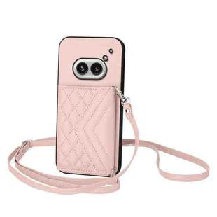 For Nothing Phone 2a Rhombic Texture Card Bag RFID Phone Case with Long Lanyard(Rose Gold)