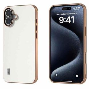 For iPhone 16 Plus ABEEL Electroplated Frame Genuine Leather Elegant Phone Case(White)