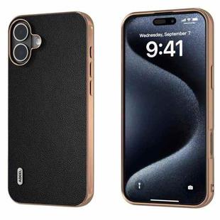 For iPhone 16 Plus ABEEL Electroplated Frame Genuine Leather Elegant Phone Case(Black)