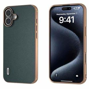 For iPhone 16 Plus ABEEL Electroplated Frame Genuine Leather Elegant Phone Case(Green)