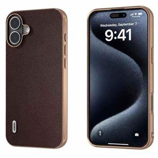 For iPhone 16 ABEEL Electroplated Frame Genuine Leather Elegant Phone Case(Coffee)