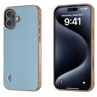 For iPhone 16 ABEEL Electroplated Frame Genuine Leather Elegant Phone Case(Sky Blue)