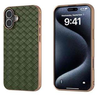 For iPhone 16 Plus Electroplated Frame Woven Texture PU Phone Case(Green)