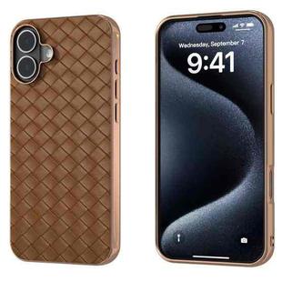 For iPhone 16 Plus Electroplated Frame Woven Texture PU Phone Case(Brown)