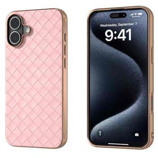 For iPhone 16 Electroplated Frame Woven Texture PU Phone Case(Pink)